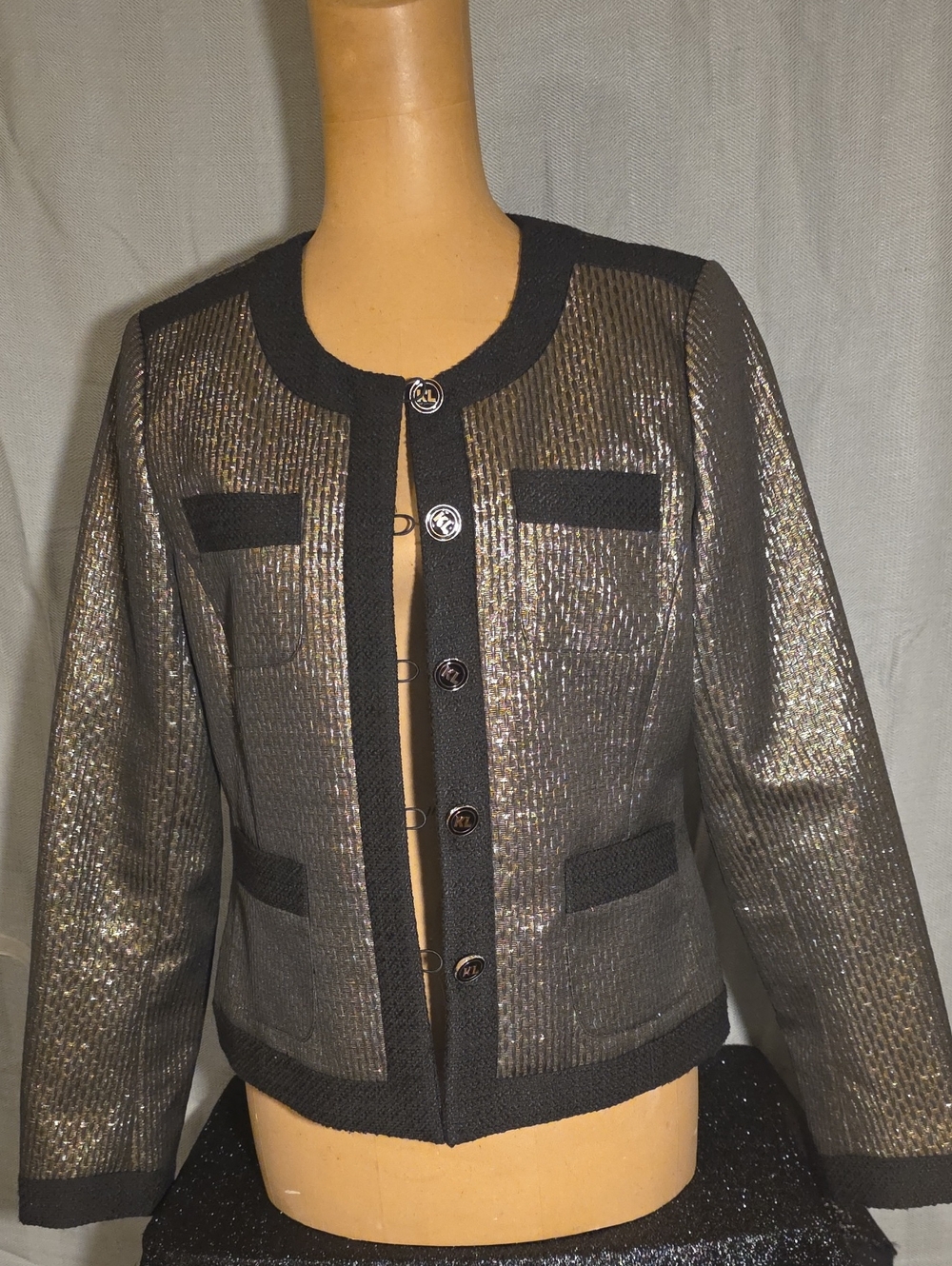 Karl Lagerfeld Shimmering Gold-Black Knit Trim Jacket